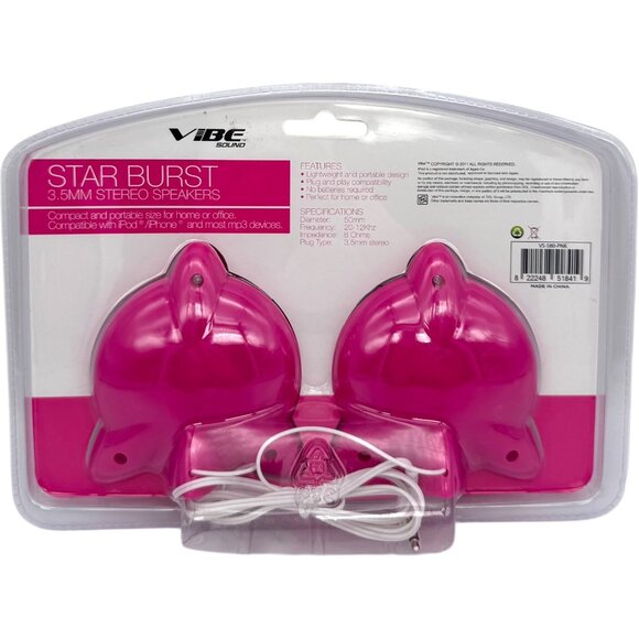 Vibe Sound Star Burst Pink Kids 3.5mm Wired Mini Speakers Fun Gift Stocking Kids - Picture 2 of 2